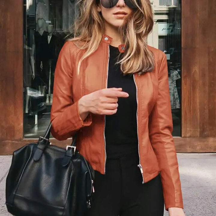 Damen Kurze Strukturierte Taillierte Lederjacke in Orange