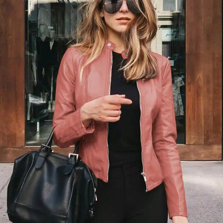 Damen Kurze Strukturierte Taillierte Lederjacke in Rosa