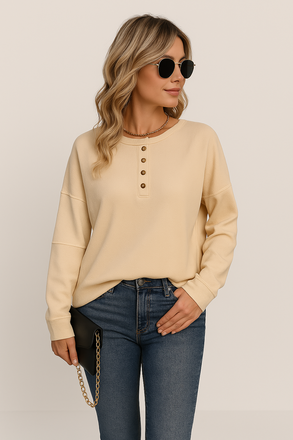 Damen Langarm Bluse für den Alltag in Beige