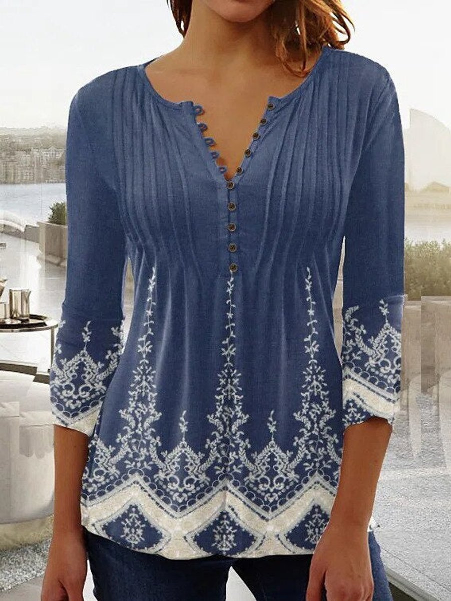 Damen Langarm Bluse im Blumenmuster in Blau