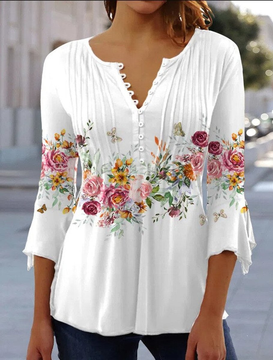 Damen Langarm Bluse im Blumenmuster in Blütenweiß