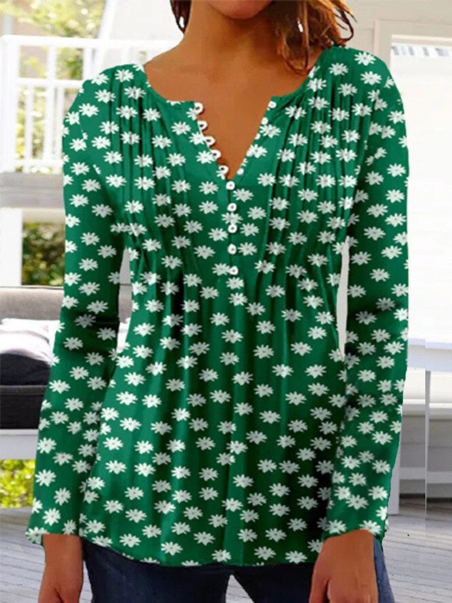 Damen Langarm Bluse im Blumenmuster in Dunkelgrün
