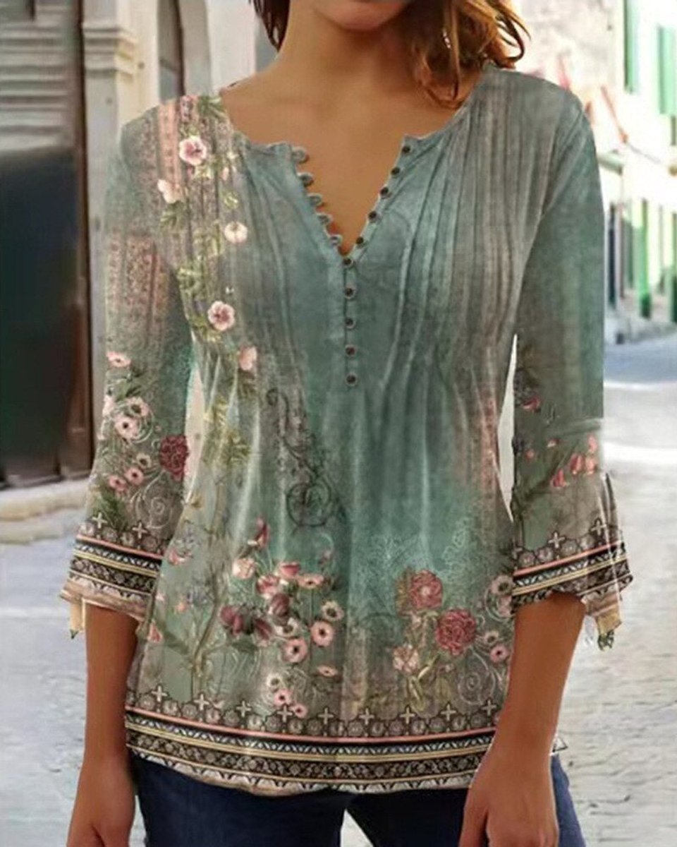 Damen Langarm Bluse im Blumenmuster in Grün