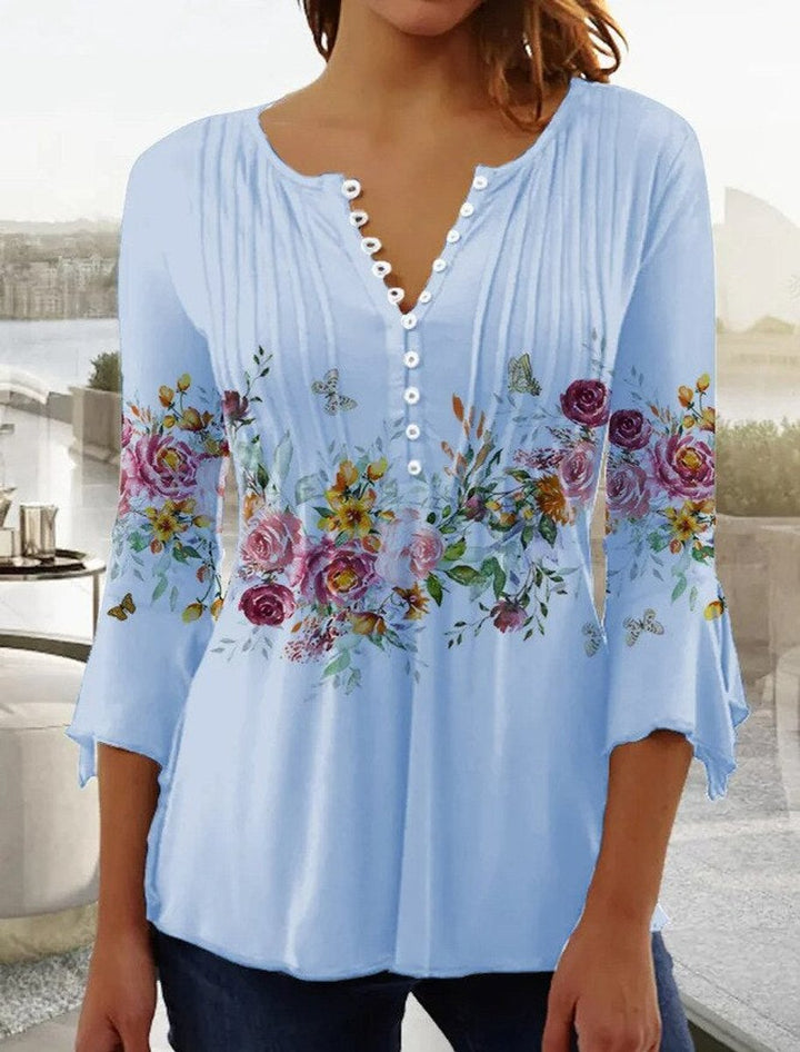 Damen Langarm Bluse im Blumenmuster in Hellblau