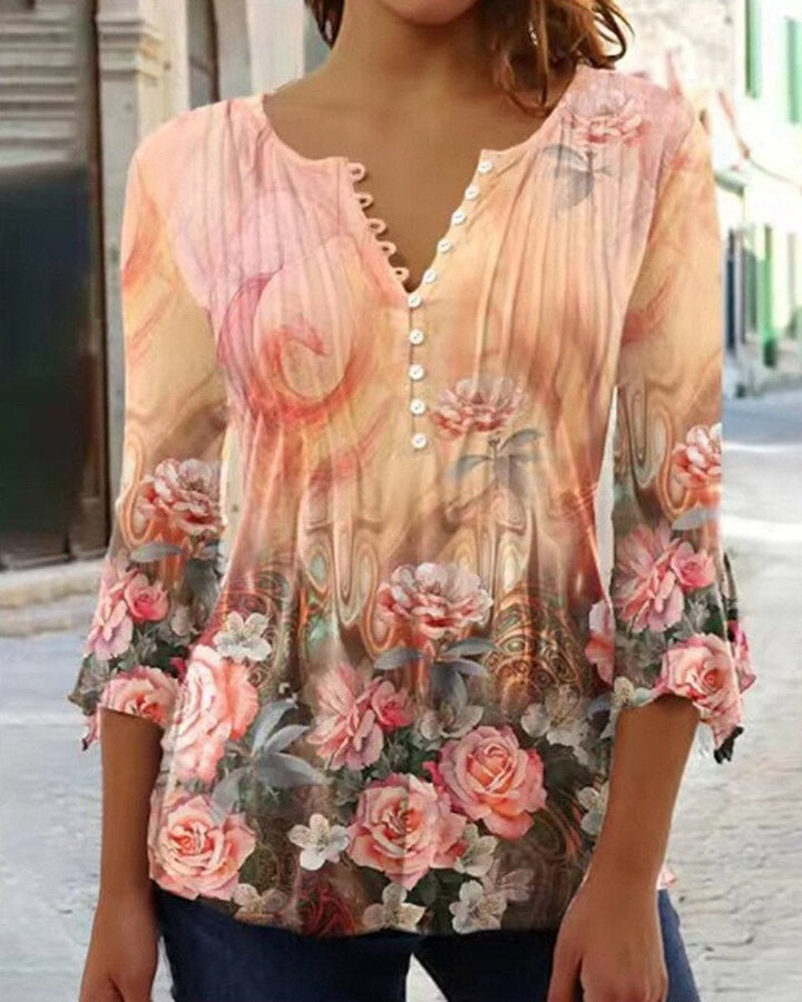 Damen Langarm Bluse im Blumenmuster in Orange