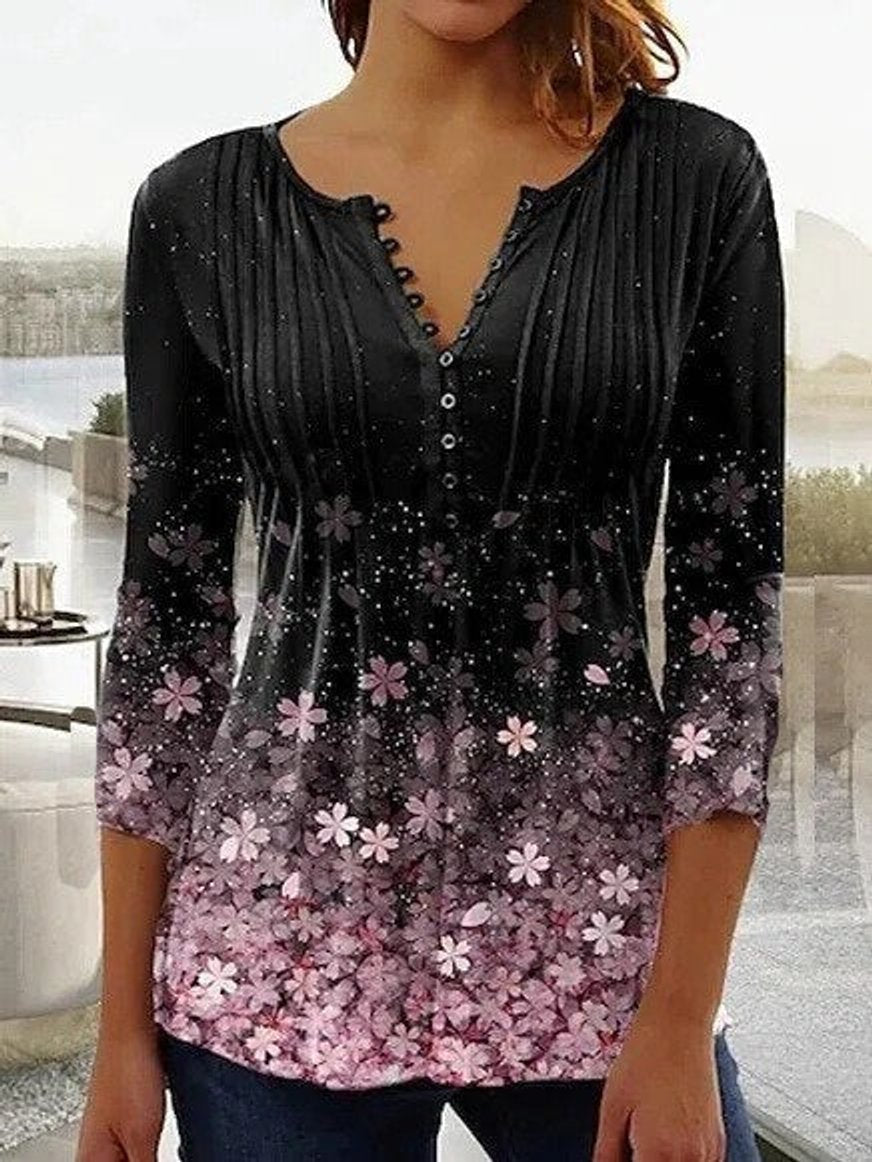 Damen Langarm Bluse im Blumenmuster in Schwarz