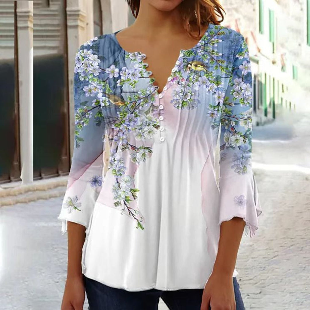 Damen Langarm Bluse im Blumenmuster in Weiß-Blau