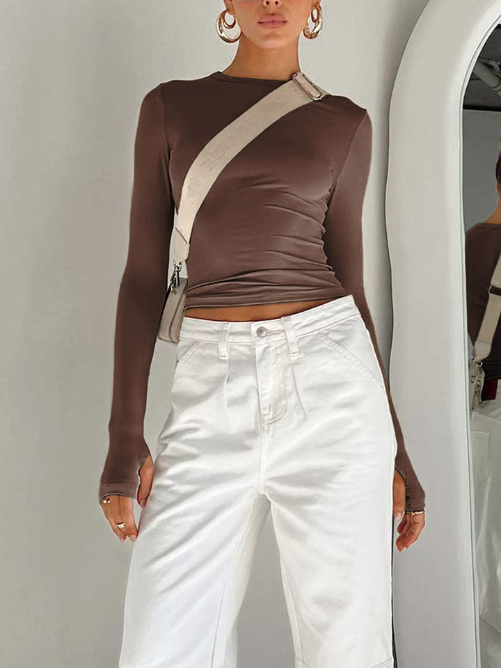 Damen Langarm Crop Bluse für Sommer in Braun