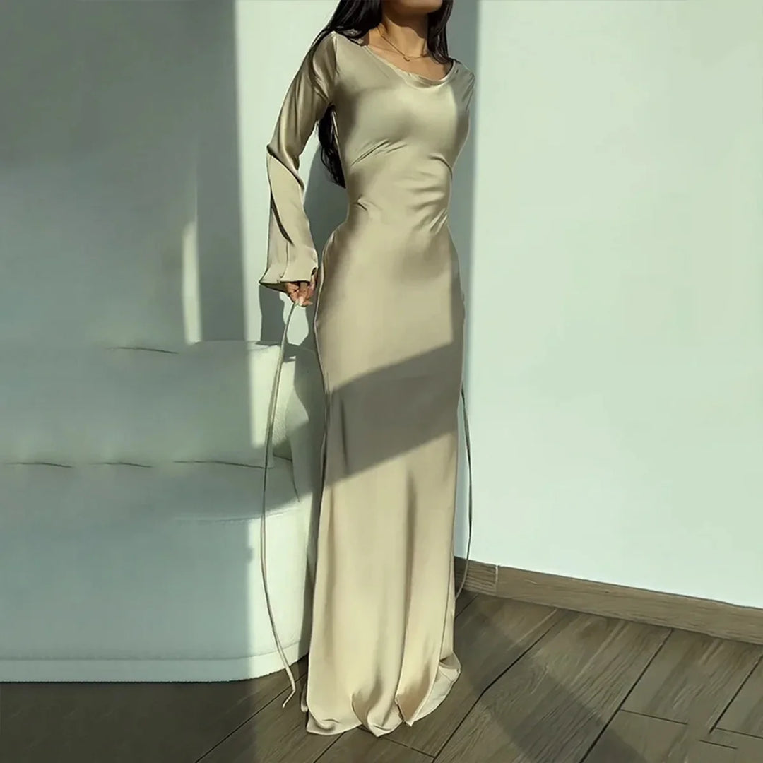 Damen Langarm Maxikleid für Hochzeitsgäste in Beige