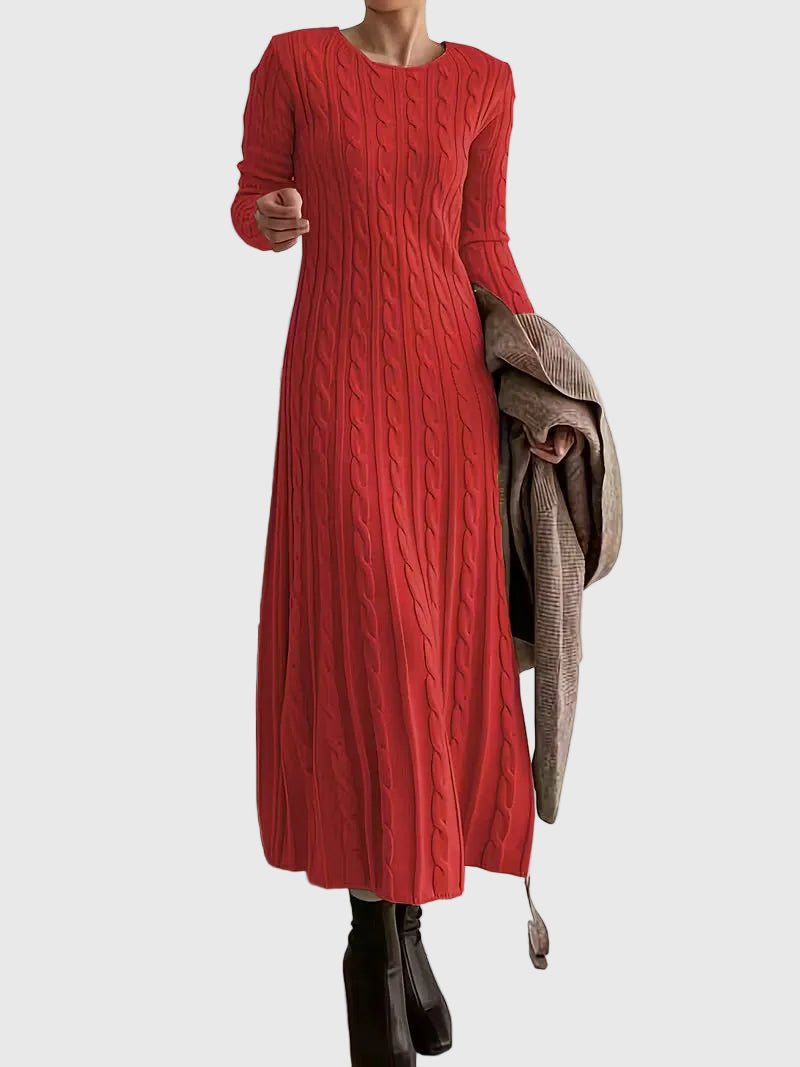 Damen Langarm Strickkleid mit Zopfmuster in Maxilänge in Rot