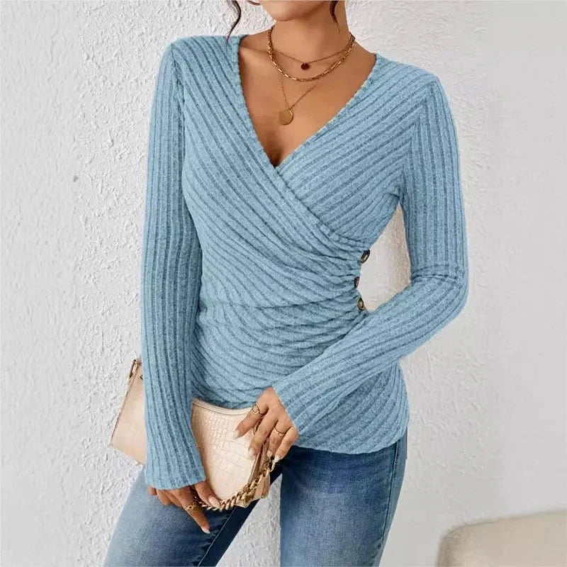 Damen Langarm-Wickelbluse mit V-Ausschnitt in Blau