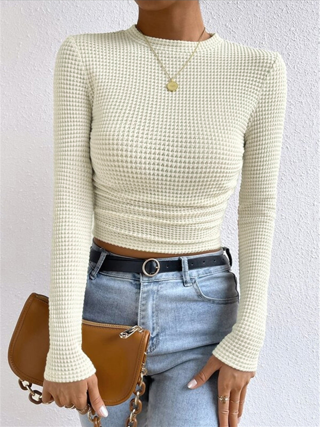 Damen Langarmshirt im Waffelmuster in Apricot