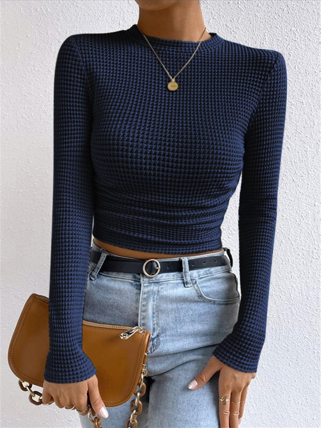 Damen Langarmshirt im Waffelmuster in Marineblau