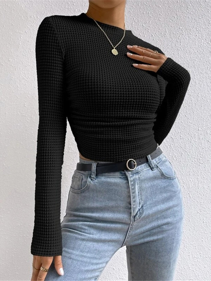 Damen Langarmshirt im Waffelmuster in Schwarz