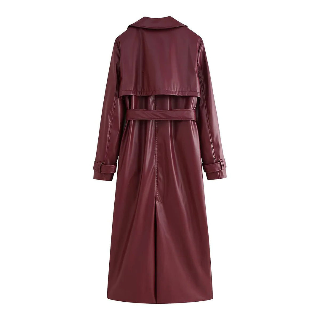 Damen lange Lederjacke im Trench-Stil für Herbst (2)