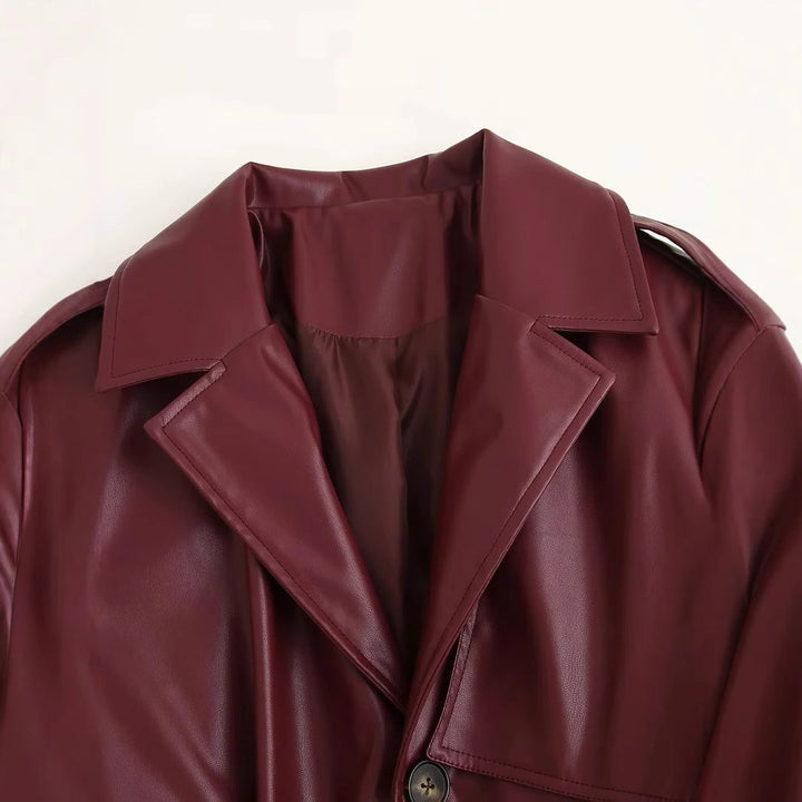 Damen lange Lederjacke im Trench-Stil für Herbst (3)