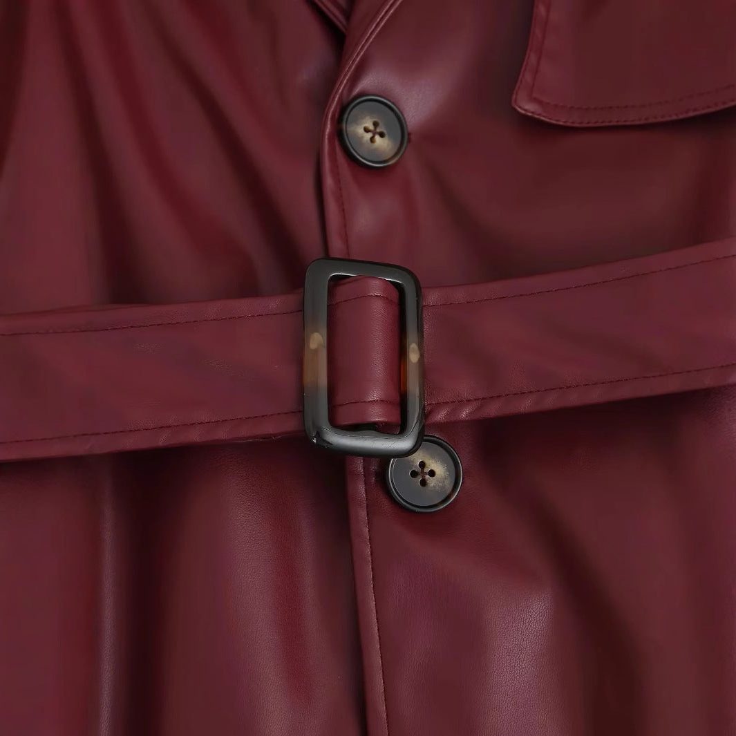 Damen lange Lederjacke im Trench-Stil für Herbst (4)