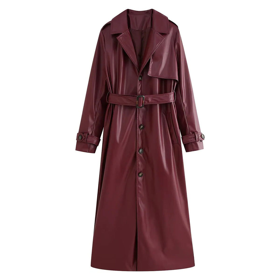 Damen lange Lederjacke im Trench-Stil für Herbst in Weinrot