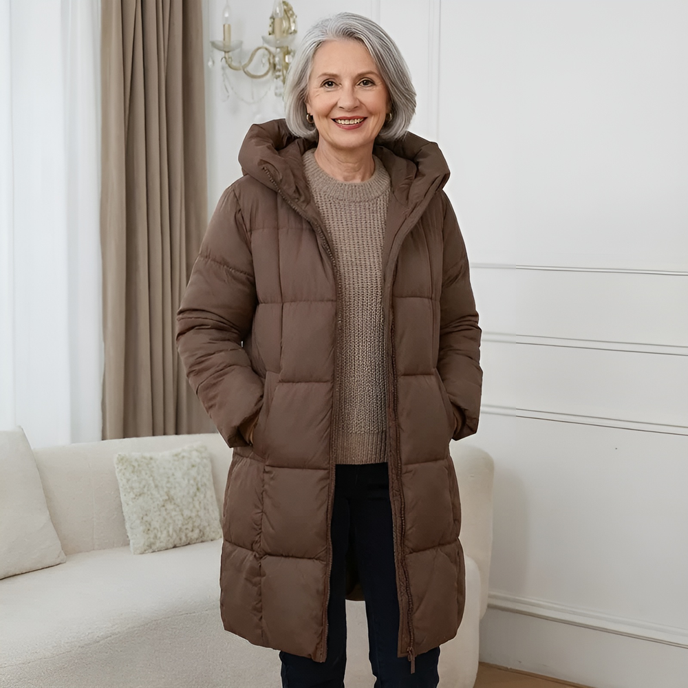 Damen Lange Leichte Pufferjacke für Herbst in Schokolade