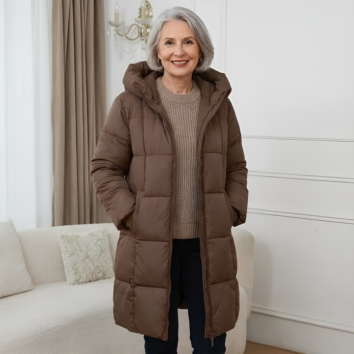 Damen Lange Leichte Pufferjacke für Herbst in Schokolade