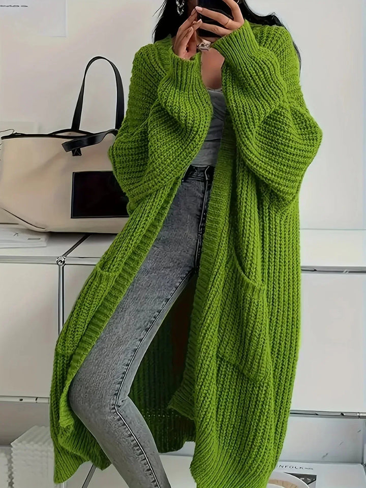 Damen lange Oversized-Strickjacke für den Herbst in Olivgrün