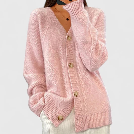 Damen lange Strickjacke elegant und komfortabel in Rosa