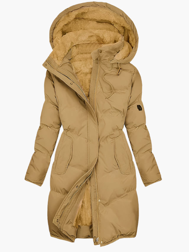 Damen lange warme Puffer-Jacke für Herbst in Khaki
