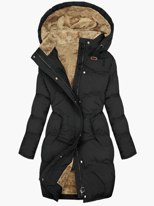 Damen lange warme Puffer-Jacke für Herbst in Schwarz