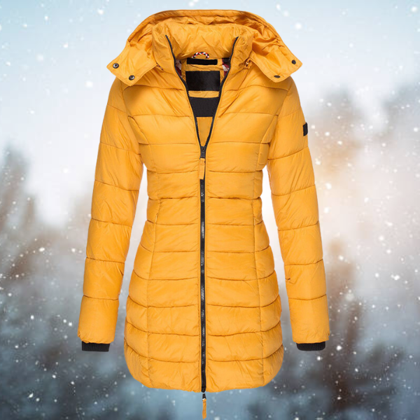 Damen lange Winterjacke mit Kapuze für Herbst in Gelb