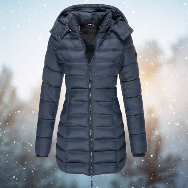 Damen lange Winterjacke mit Kapuze für Herbst in Marineblau