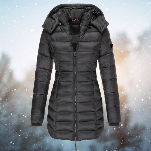 Damen lange Winterjacke mit Kapuze für Herbst in Schwarz