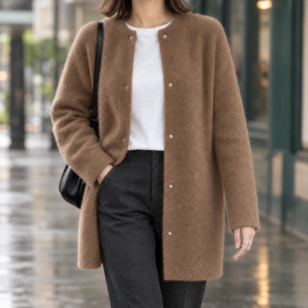 Damen Langer Strickpullover mit Rundhals in Braun