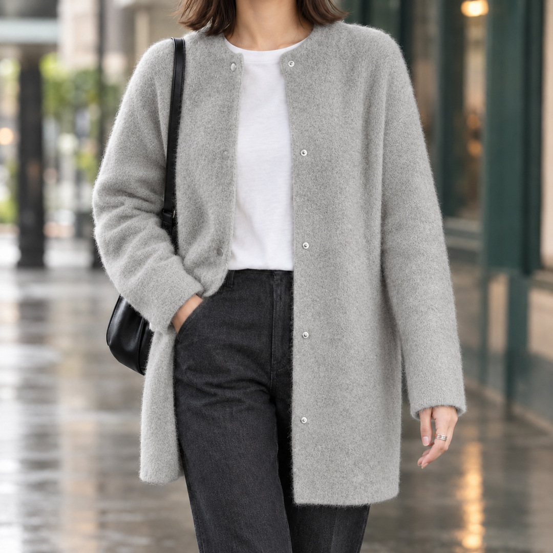 Damen Langer Strickpullover mit Rundhals in Hellgrau