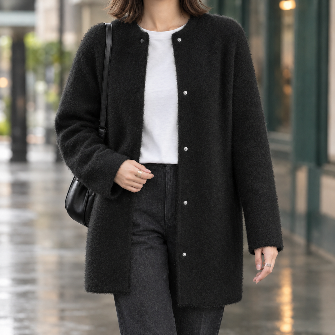 Damen Langer Strickpullover mit Rundhals in Schwarz