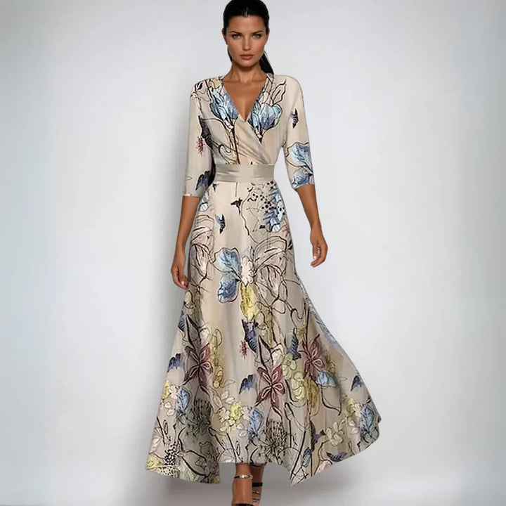 Damen Langes Abendkleid im Blütendesign in Sand/Beige