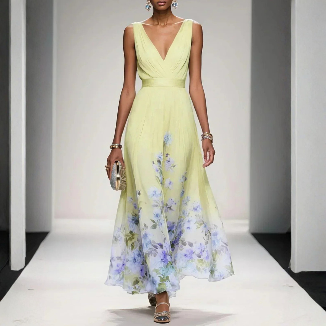 Damen Langes Abendkleid mit Floralprint in Gelb
