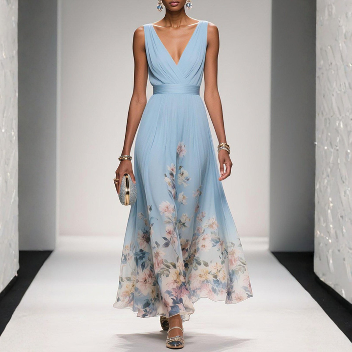 Damen Langes Abendkleid mit Floralprint in Hellblau