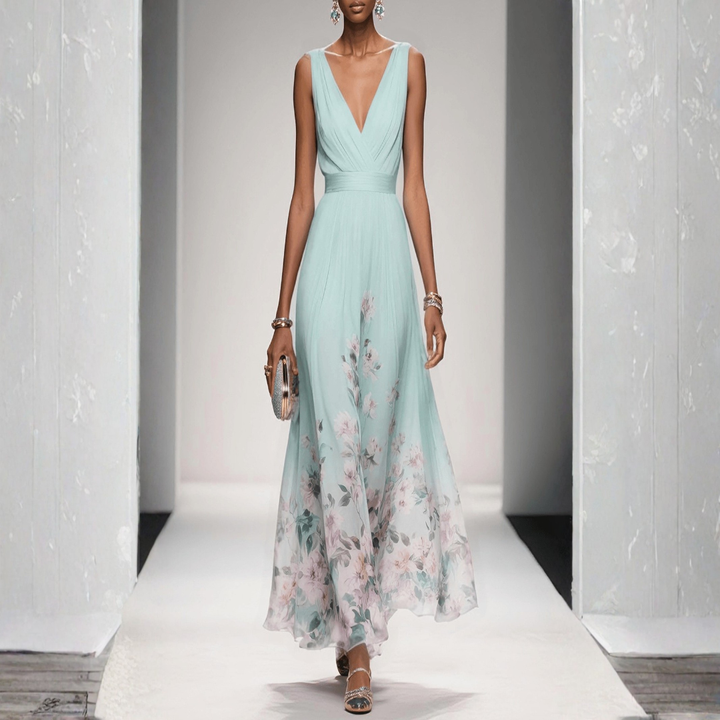 Damen Langes Abendkleid mit Floralprint in Hellgrün