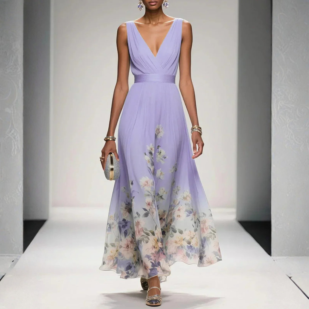 Damen Langes Abendkleid mit Floralprint in Lila