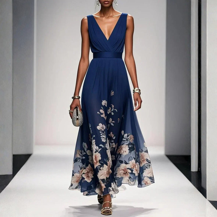 Damen Langes Abendkleid mit Floralprint in Marineblau