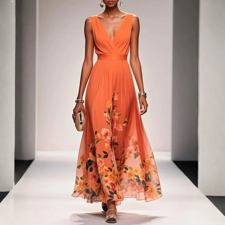 Damen Langes Abendkleid mit Floralprint in Orange