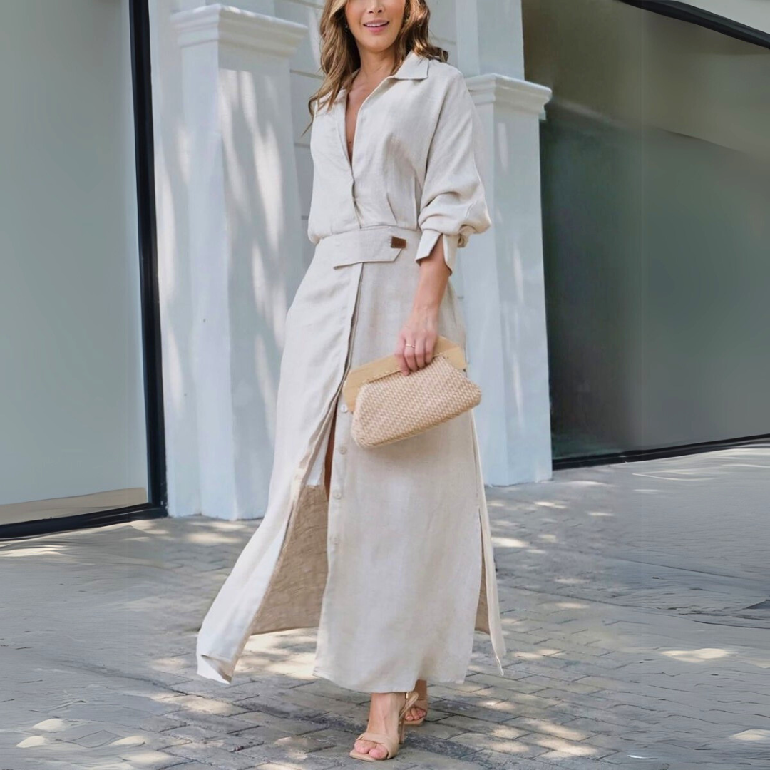 Damen lässiges Maxikleid für Hochzeitsgäste und Sommerfeste mit Hemdkragen und Dreiviertelärmeln in Beige
