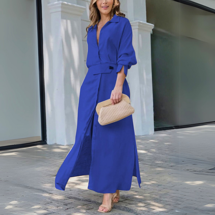 Damen lässiges Maxikleid für Hochzeitsgäste und Sommerfeste mit Hemdkragen und Dreiviertelärmeln in Blau