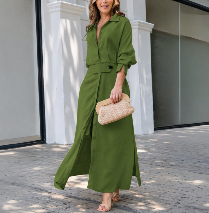 Damen lässiges Maxikleid für Hochzeitsgäste und Sommerfeste mit Hemdkragen und Dreiviertelärmeln in Grün