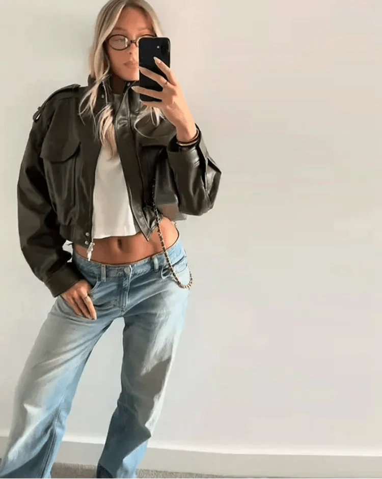 Damen Lederjacke Bomber kurz für Herbst (5)