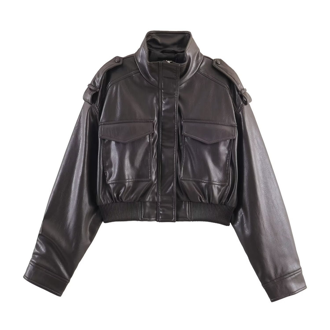 Damen Lederjacke Bomber kurz für Herbst in Dunkelbraun