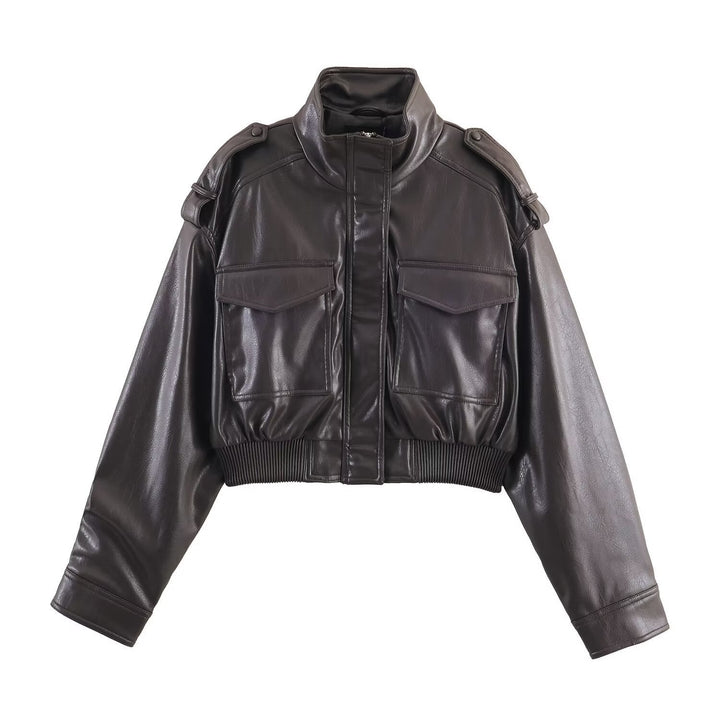 Damen Lederjacke Bomber kurz für Herbst in Dunkelbraun