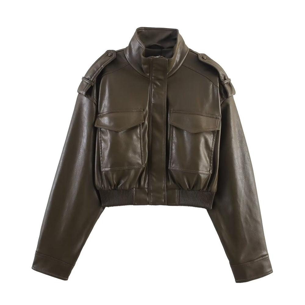Damen Lederjacke Bomber kurz für Herbst in Dunkelgrün