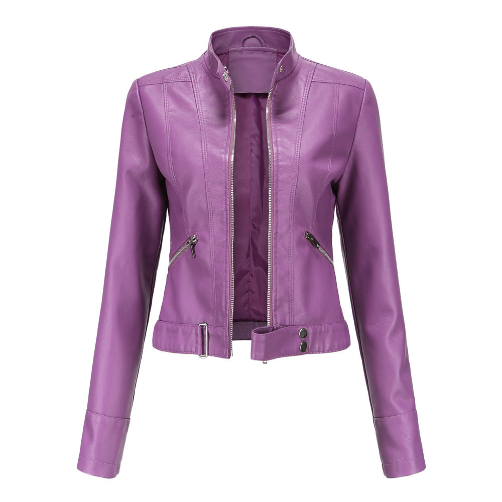 Damen Lederjacke für den Herbst mit Gürtel in Dunkellila
