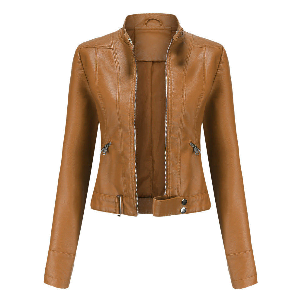 Damen Lederjacke für den Herbst mit Gürtel in Hellbraun
